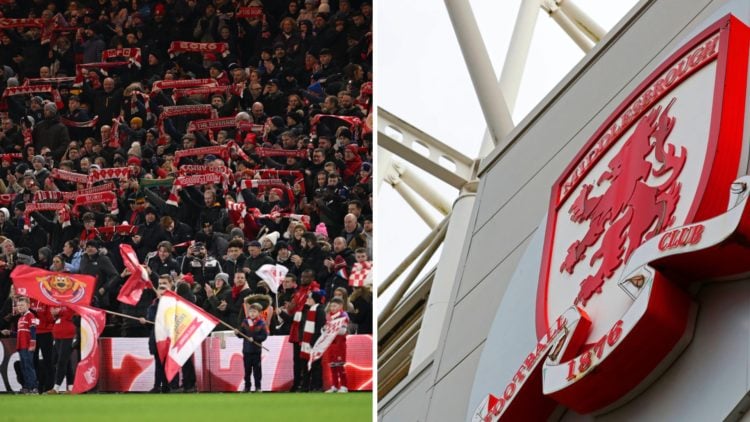Middlesbrough fans show their support during the Carabao Cup Semi Final First Leg match between Middlesbrough and Chelsea. General view of a club c...