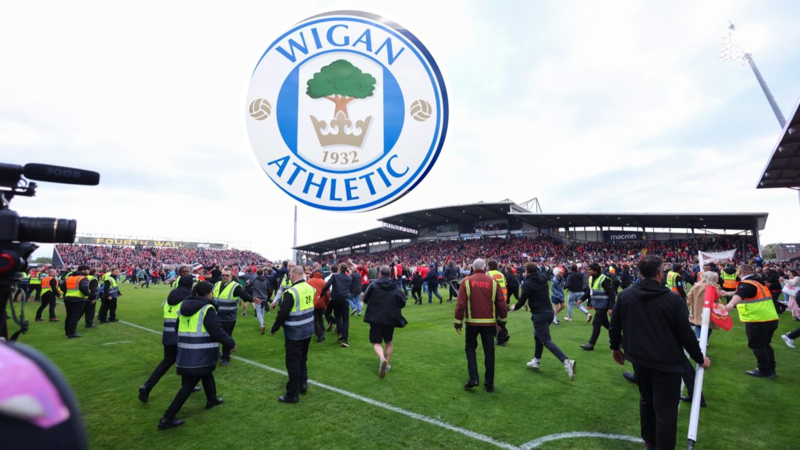 An image of the Racecourse Ground with an inset of the Wigan Athletic badge
