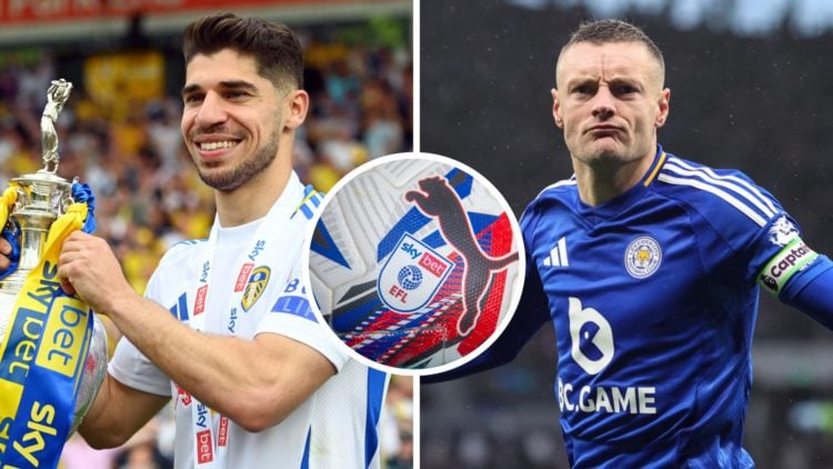 Split image of Leeds United's Manor Solomon (L) and Leicester City's Jamie Vardy (R). Inset, EFL football.