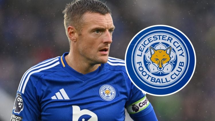Leicester City star Jamie Vardy. Inset, Leicester City flag.