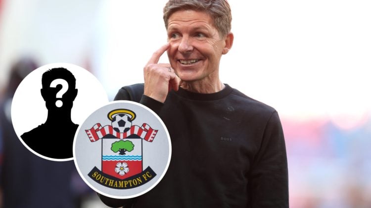 Crystal Palace manager Oliver Glasner. Inset, Southampton badge and mystery player graphic.