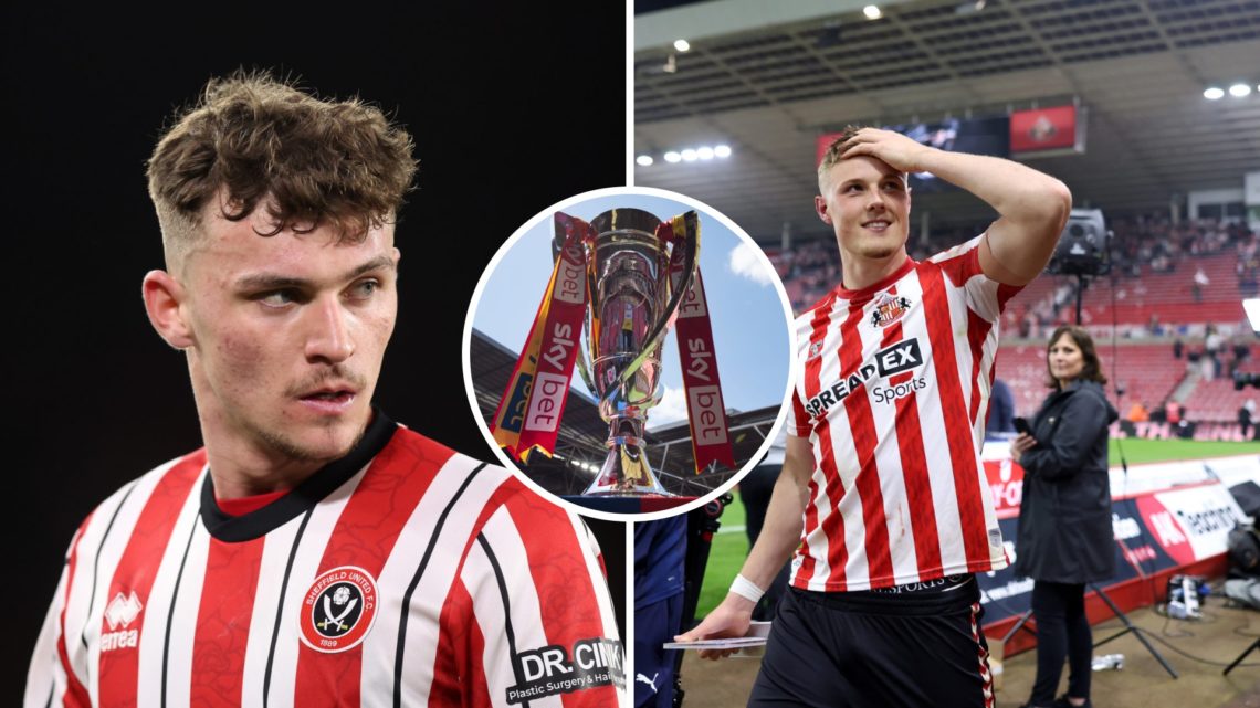 Harrison Burrows in action for Sheffield United vs Hull City, an inset of the play-off final trophy, Dan Ballard celebrates with Sunderland fans