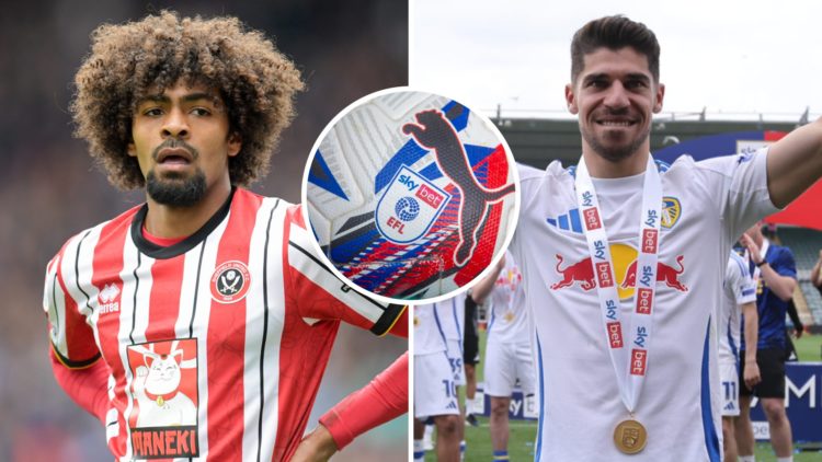 Split image of Sheffield United's Hamza Choudhury and Leeds United's Manor Solomon. Inset, EFL football.