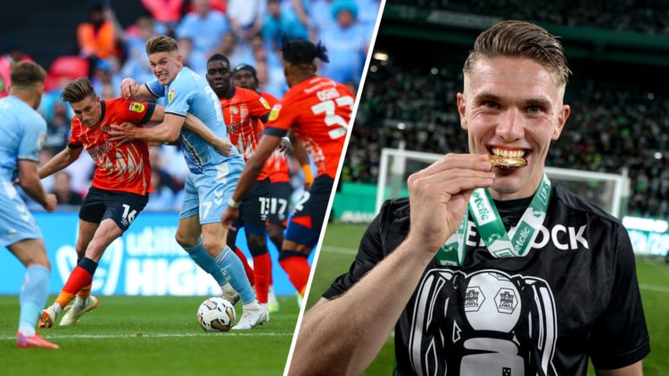 Viktor Gyokeres challenges for the ball during the play-off final between Coventry City and Luton Town, Viktor Gyokeres celebrates with his Liga Po...