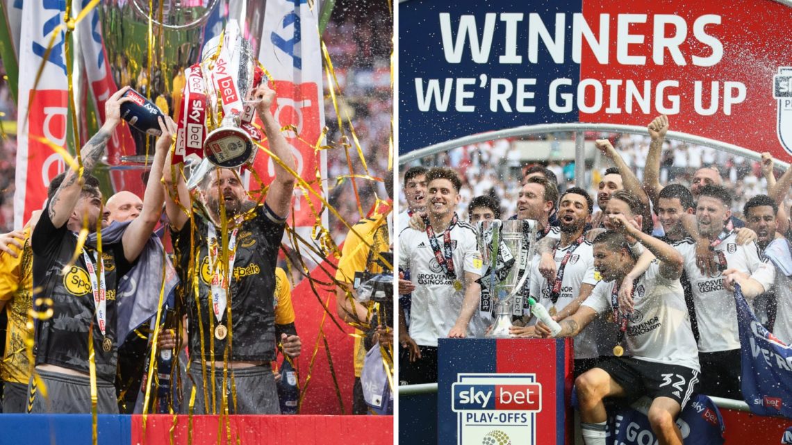 Southampton players lift the Championship play-off trophy (L), Fulham celebrate promotion through the Championship play-offs (R)