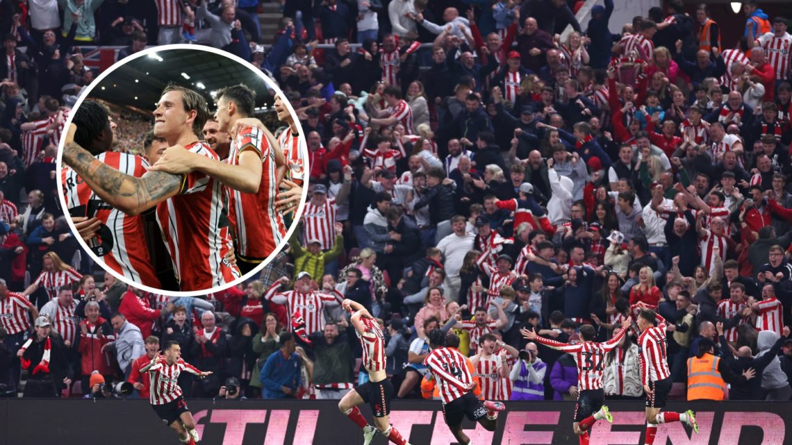 Sunderland fans celebrate Dan Ballard's goal. Inset, Sheffield United players celebrate.