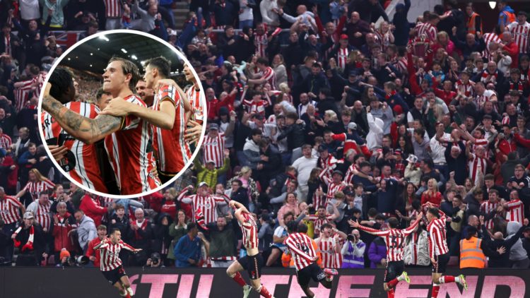 Sunderland fans celebrate Dan Ballard's goal. Inset, Sheffield United players celebrate.