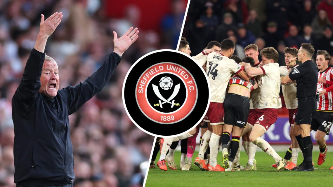 Chris Wilder reacts angrily to a decision during a game, an inset of the Sheffield United badge, Sheffield United's players are involved in a brawl...
