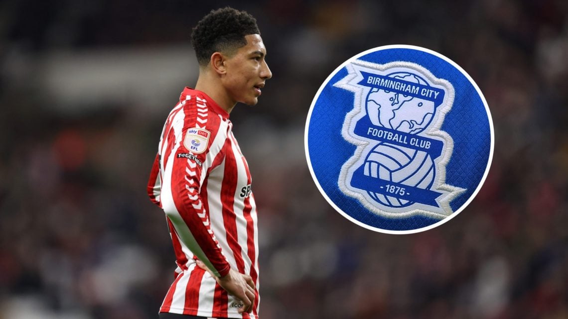 An image of Sunderland's Jobe Bellingham with an inset of the Birmingham City crest