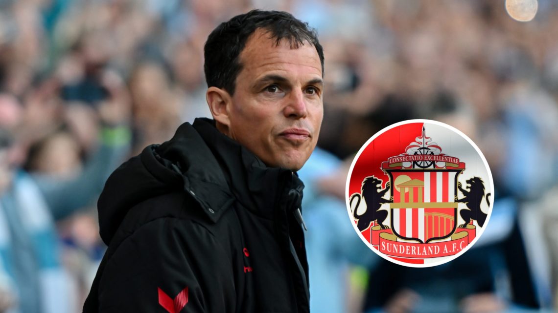 Sunderland manager Regis Le Bris. Inset, Sunderland badge.