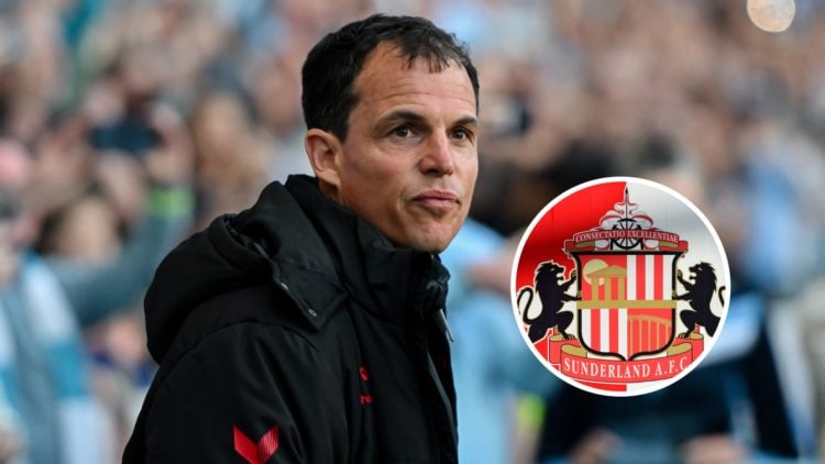 Sunderland manager Regis Le Bris. Inset, Sunderland badge.