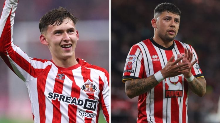 Chris Rigg of Sunderland raises his arm in celebration at full-time (L), Gustavo Hamer of Sheffield United applauds supporters (R)