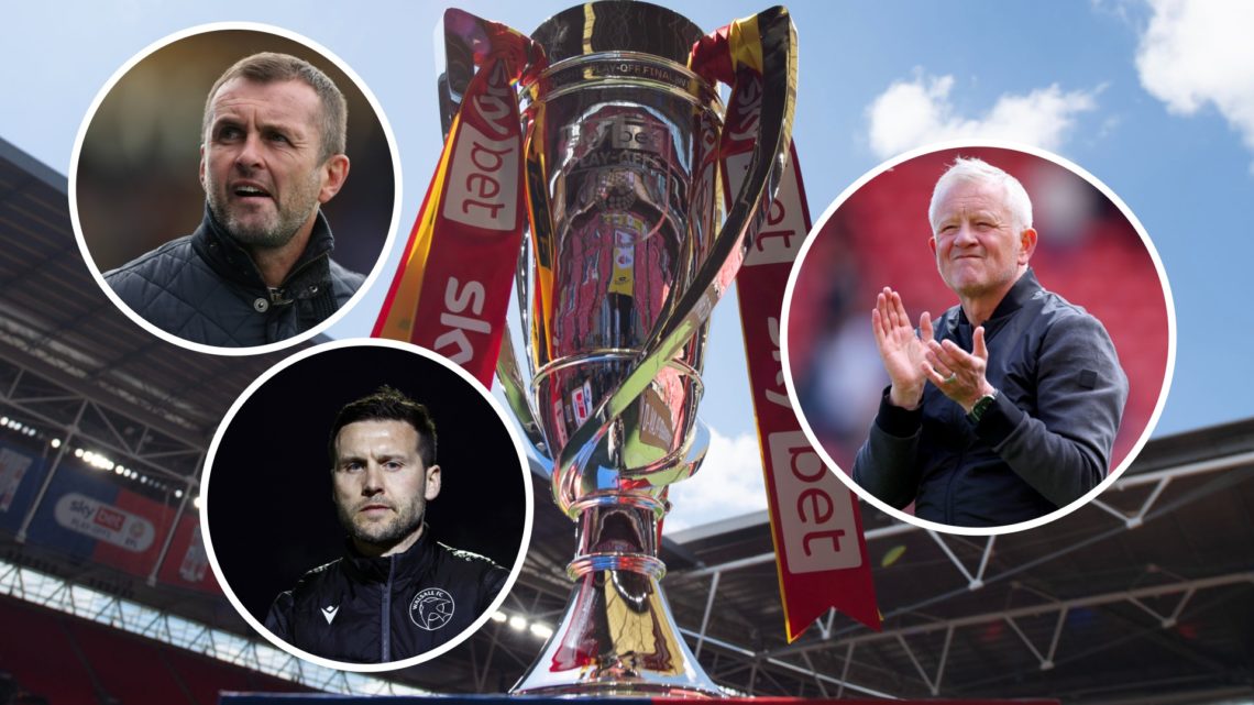 Composition image of the Championship play-off trophy. Inset, Chris Wilder, Mat Sadler, and Nathan Jones.