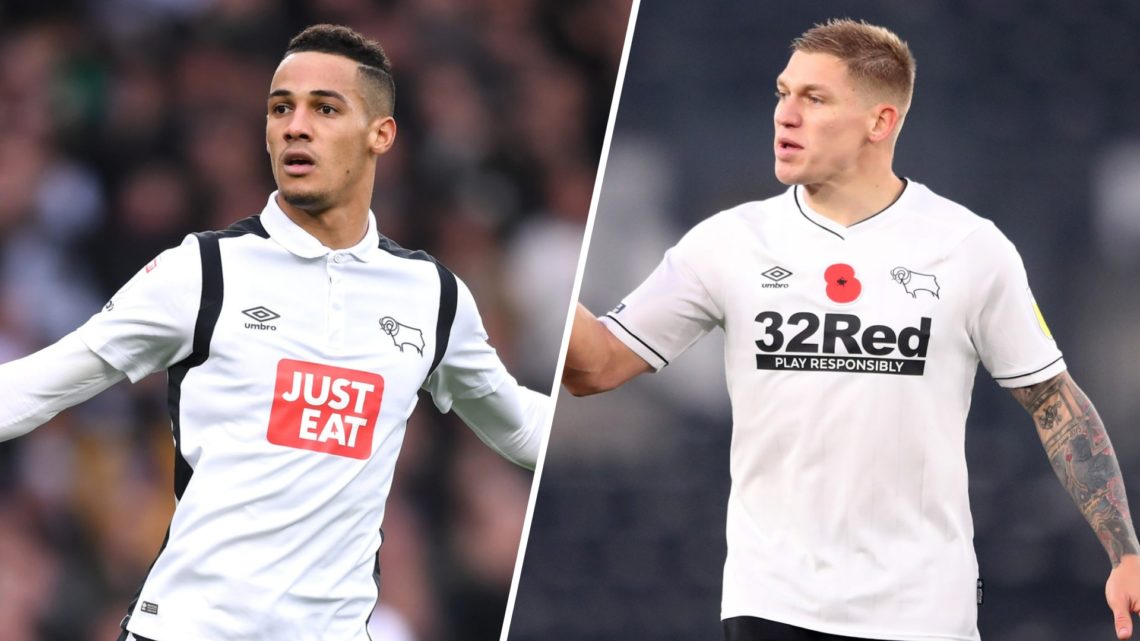 Tom Ince of Derby County celebrates with his arms outstretched (L), Martyn Waghorn of Derby County instructs his teammates (R)