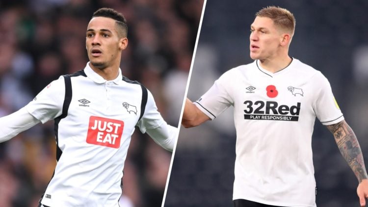 Tom Ince of Derby County celebrates with his arms outstretched (L), Martyn Waghorn of Derby County instructs his teammates (R)