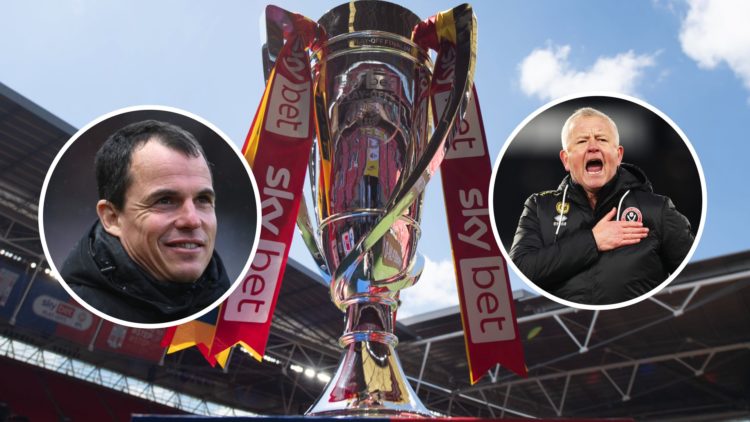 Composition image of Championship play-off trophy. Inset, Regis Le Bris and Chris Wilder.