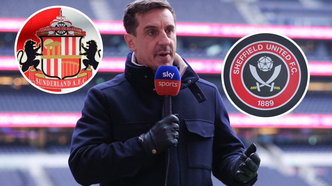 An image of Gary Neville with insets of the Sunderland and Sheffield United badge