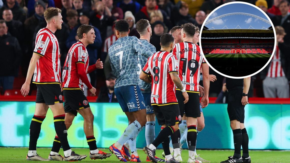 A red card is shown during a Championship game between Sheffield United and Sunderland, an inset of a generic view of Wembley Stadium