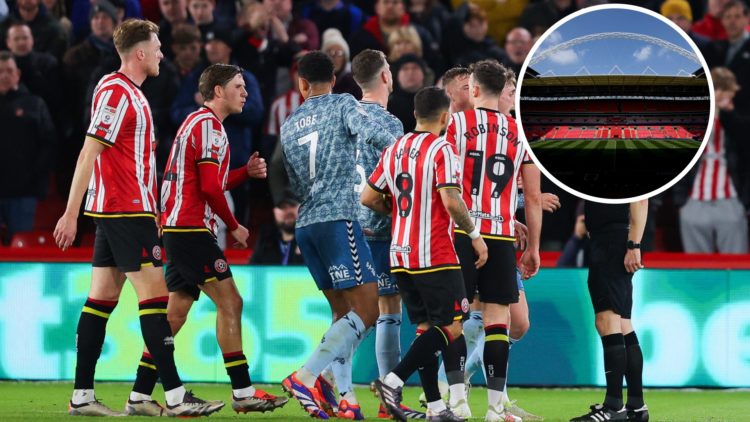 A red card is shown during a Championship game between Sheffield United and Sunderland, an inset of a generic view of Wembley Stadium
