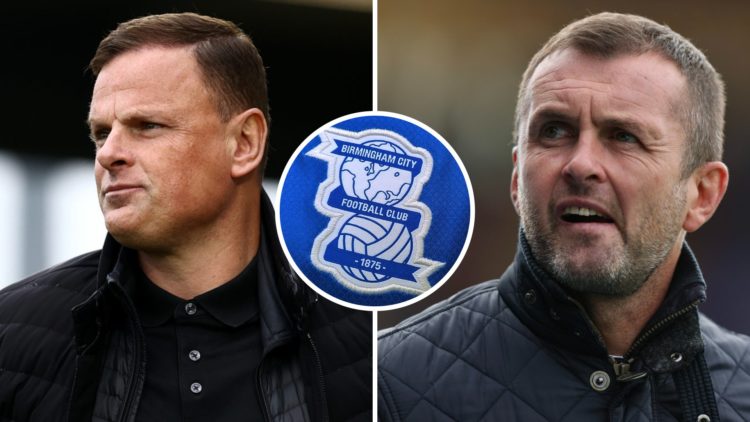 Leyton Orient manager Richie Wellens, Charlton manager Nathan Jones and Birmingham City badge