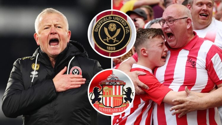 Split image of Chris Wilder (L) and Sunderland fans (R). Inset, Sheffield United and Sunderland badges.