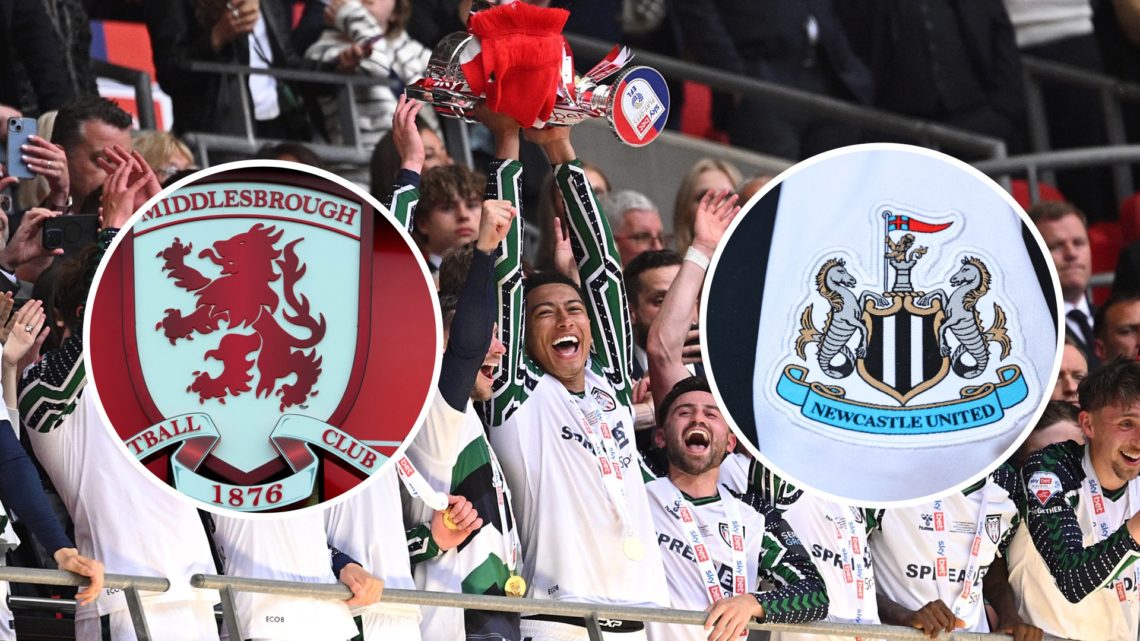 Jobe Bellingham of Sunderland lifts The Sky Bet Championship Play-Off trophy after his team's victory in the Sky Bet Championship Play-Off Final ma...