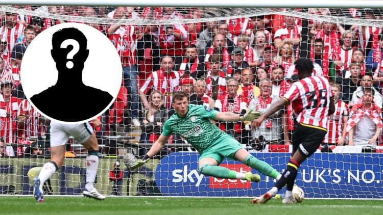 Sunderland's Anthony Patterson saves Andre Brooks' shot at Wembley Stadium, an inset of a mystery figure