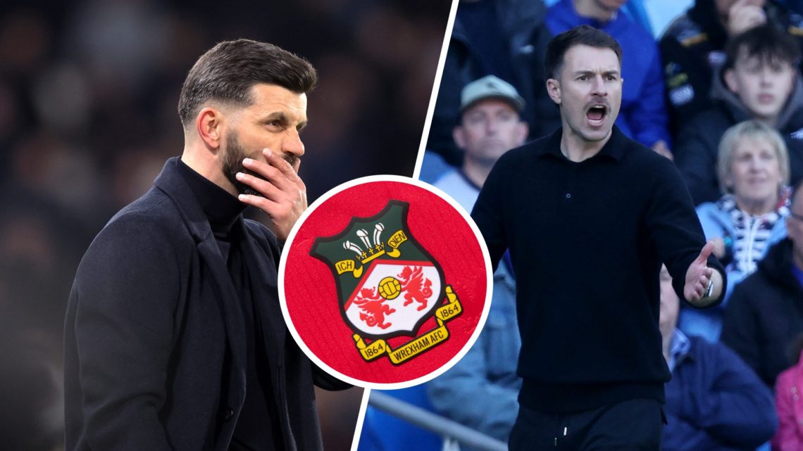 Split image of Plymouth manager Miron Muslic (L) and Cardiff manager Aaron Ramsey (R). Inset, Wrexham badge.
