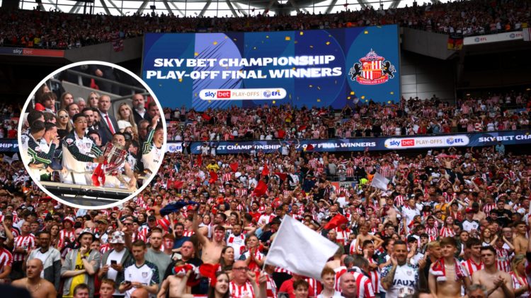 Sunderland fans celebrate at Wembley, and inset, Sunderland players lift play-off final trophy