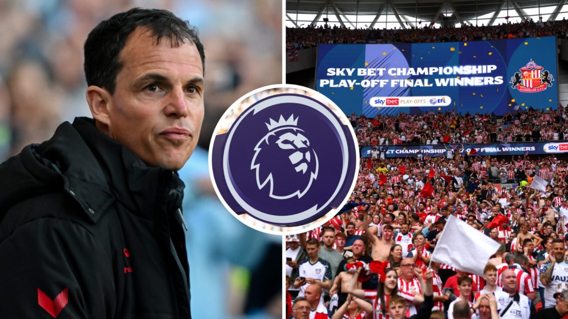 Sunderland manager Regis Le Bris, Sunderland fans at Wembley and Premier League logo