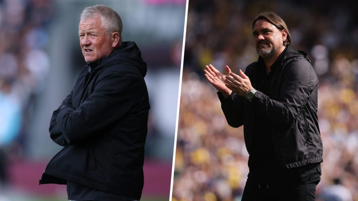 Sheffield United manager Chris Wilder looks on (L), Leeds United manager, Daniel Farke, applauds supporters (R)