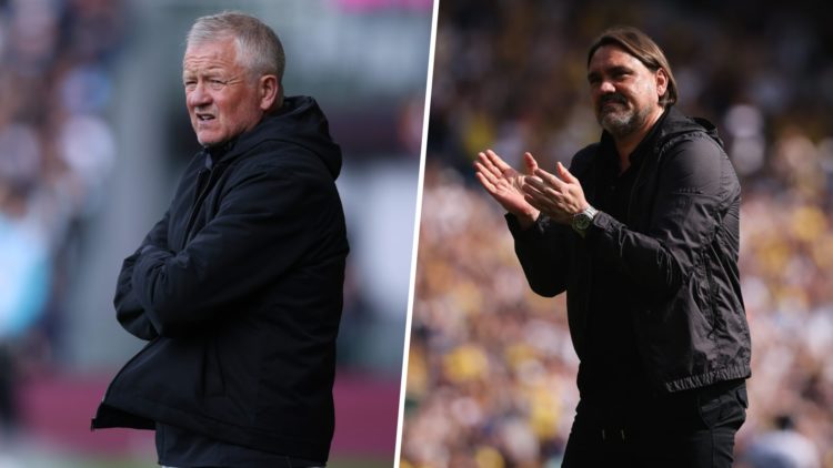 Sheffield United manager Chris Wilder looks on (L), Leeds United manager, Daniel Farke, applauds supporters (R)