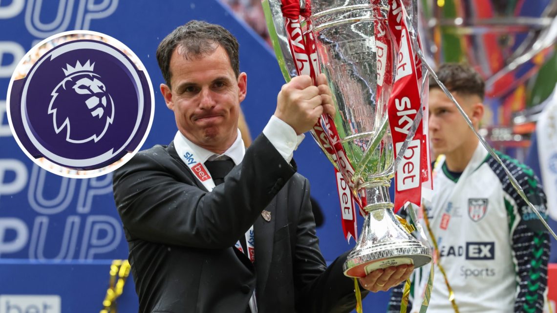 Sunderland head coach Regis Le Bris and Premier League badge