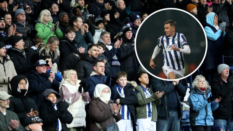 West Brom fans applaud the players inside The Hawthorns during a game, an inset of West Brom captain Jed Wallace as he receives the ball