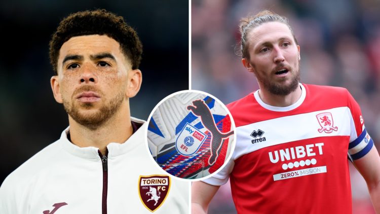 Split image of Che Adams (L) and Luke Ayling (R). Inset, EFL football.