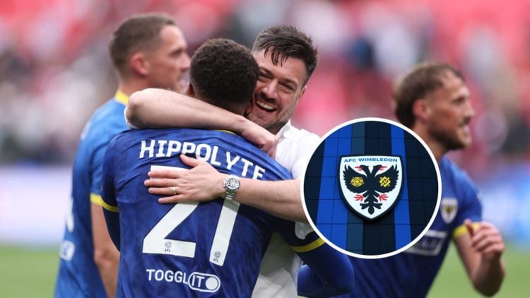 AFC Wimbledon manager Johnnie Jackson celebrates the League Two play-off win. Inset, AFC Wimbledon badge.