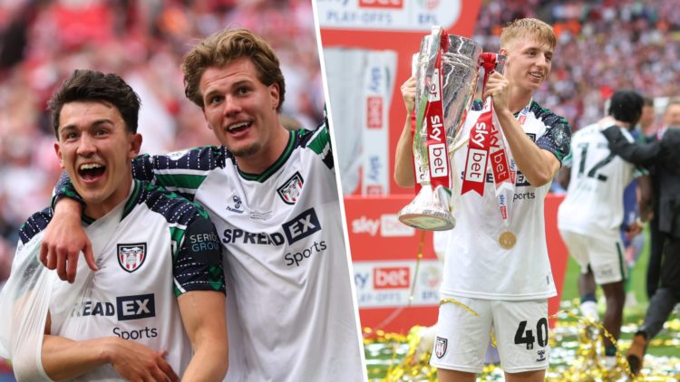 Luke O'Nien and Leo Hjelde of Sunderland celebrate promotion to the Premier League during the Sky Bet Championship Play-Off Final match between She...