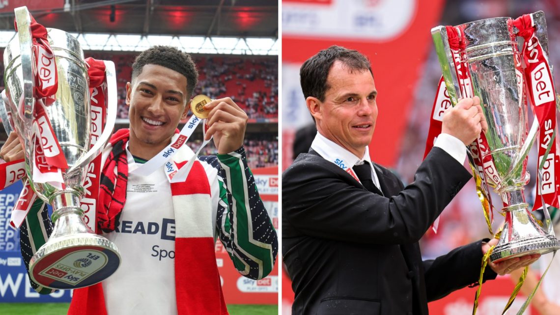 Jobe Bellingham of Sunderland lifts the Championship play-off trophy (L), Regis Le Bris of Sunderland lifts the Championship play-off trophy (R)