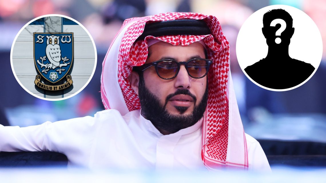 An image of Turki Alalshikh with insets of the Sheffield Wednesday and mystery player badges