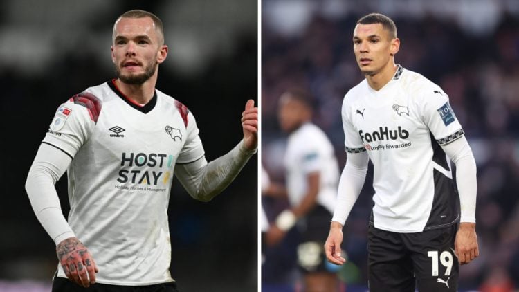 Joe Ward of Derby County looks on (L), Kayden Jackson of Derby County looks on (R)