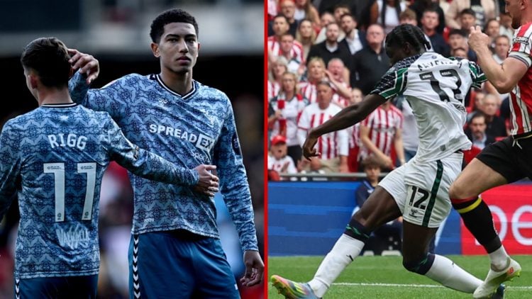 Split image showing Sunderland teammates Chris Rigg and Jobe Bellingham, and Eliezer Mayenda in the play-off final