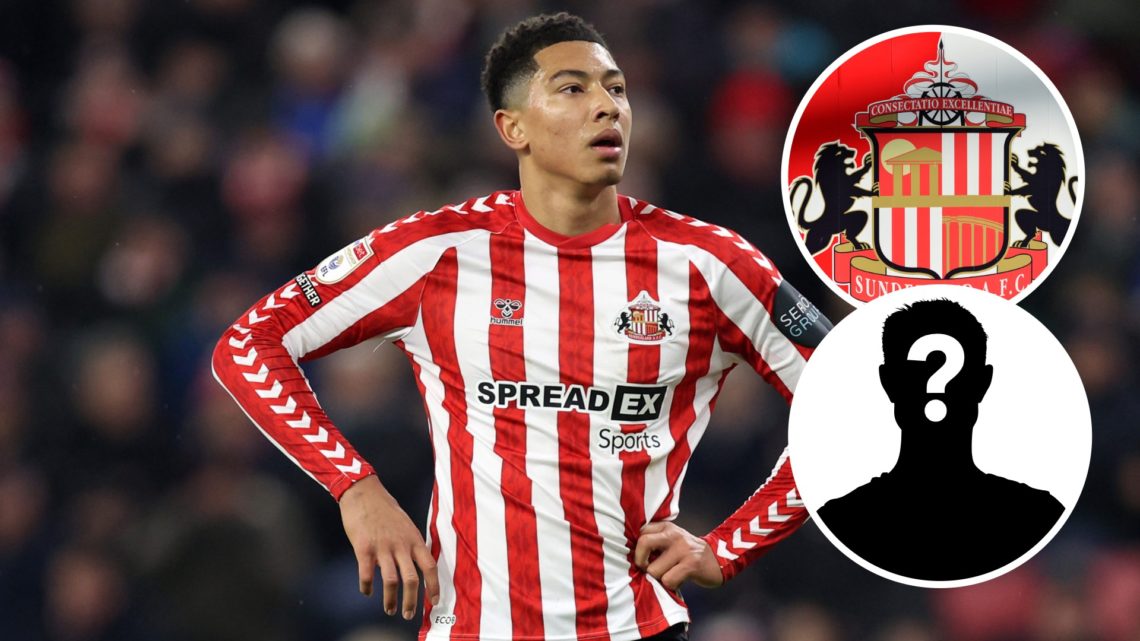 Jobe Bellingham looks frustrated with a decision during a Sunderland game, inset of a generic picture of the Sunderland badge, inset of a mystery m...