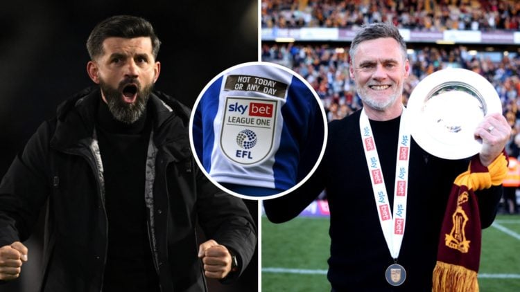 Split image of Plymouth Argyle manager Miron Muslic (L) and Bradford City manager Graham Alexander. Inset, EFL League One logo.