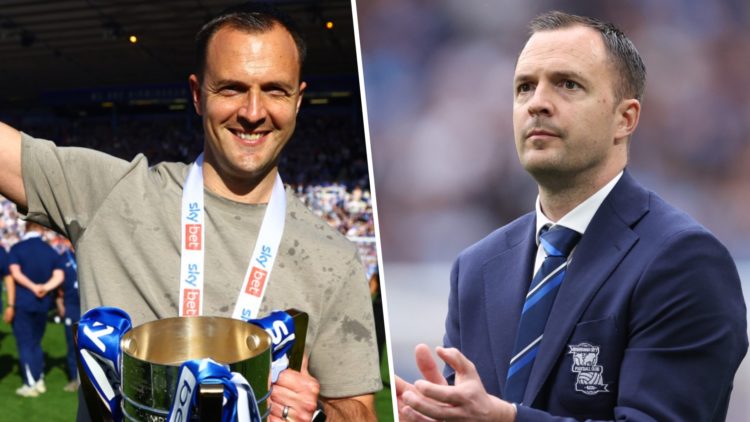 Chris Davies, Manager of Birmingham City, celebrates with the EFL Sky Bet League One Trophy following victory in the Sky Bet League One. Chris Davi...