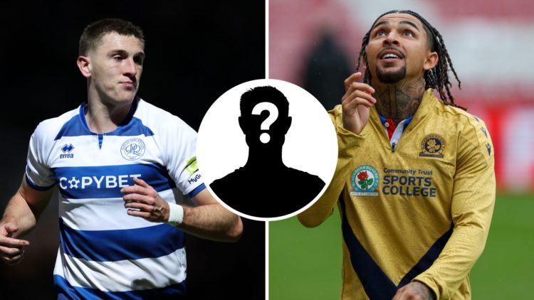 Split image of QPR's Jimmy Dunne (L) and Blackburn Rovers' Tyrhys Dolan (R). Inset, mystery player graphic.
