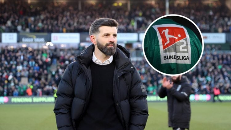 Miron Muslic moments before Plymouth Argyle's win against Liverpool in the FA Cup, The 2. Bundesliga logo on display before a league match