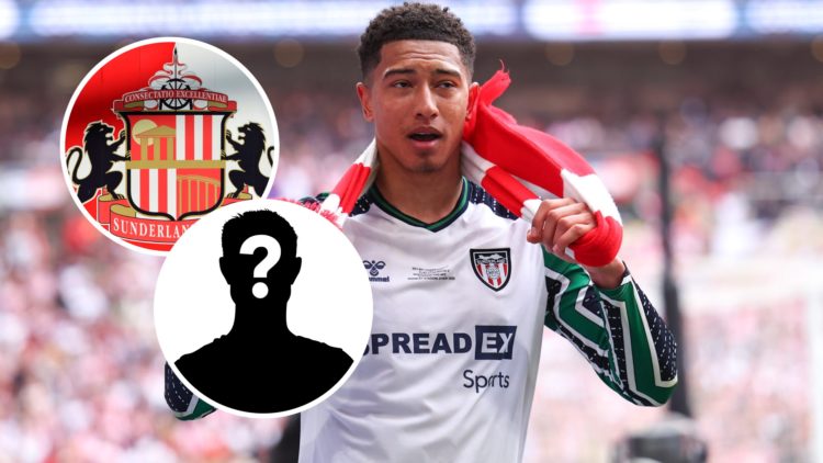 Sunderland star Jobe Bellingham. Inset, Sunderland badge and a mystery player graphic.