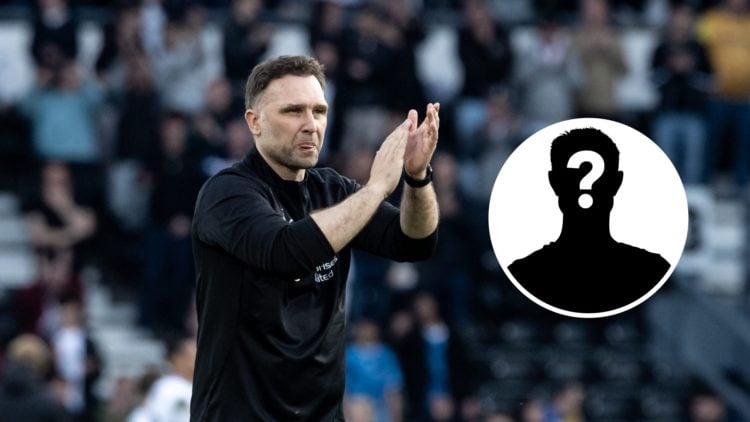 Derby County's manager John Eustace celebrates victory at the end of the match. Inset, Mystery Player graphic