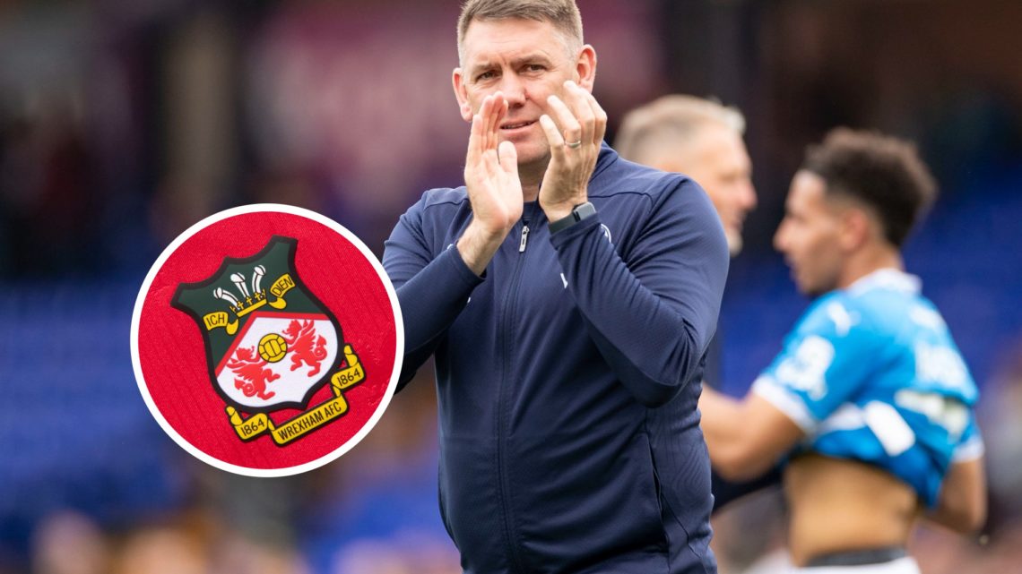 Stockport County manager Dave Challinor. Inset, Wrexham badge.