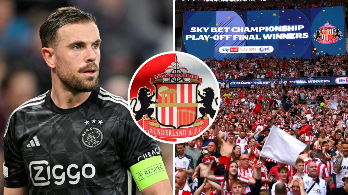 Jordan Henderson, Sunderland fans at Wembley and Sunderland badge inset